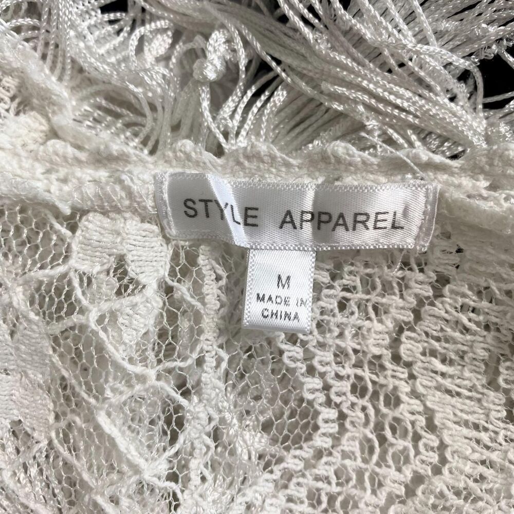 Style Apparel White Fringe Granny Lace Open Front Sheer Cardigan M - Picture 5 of 6